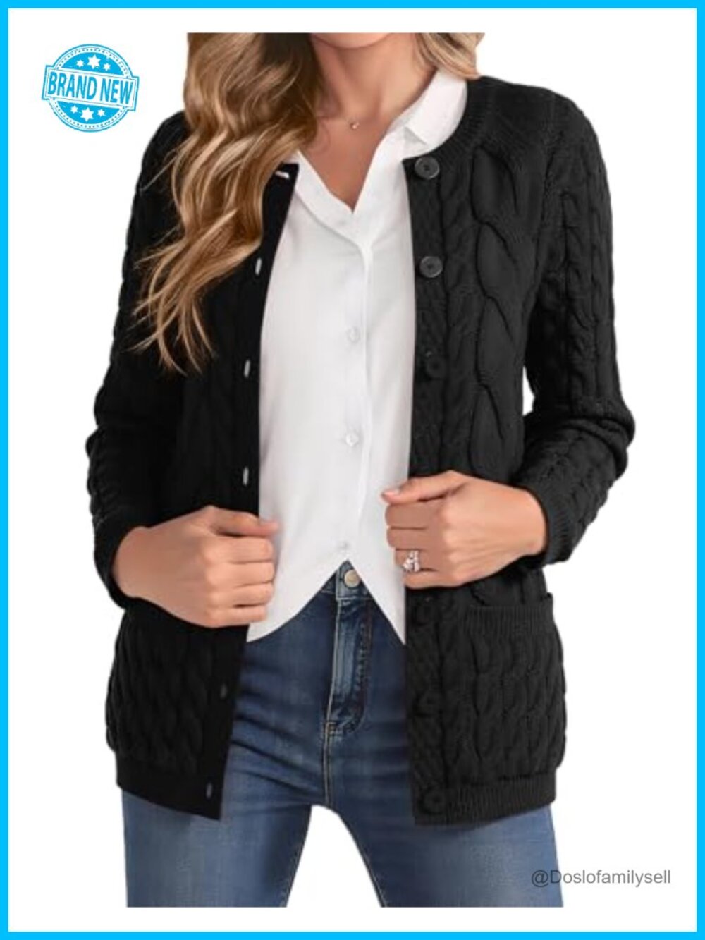 Cable Knit Cardigan Sweater Crew Neck Button Up with Pockets Fall Winter Coat